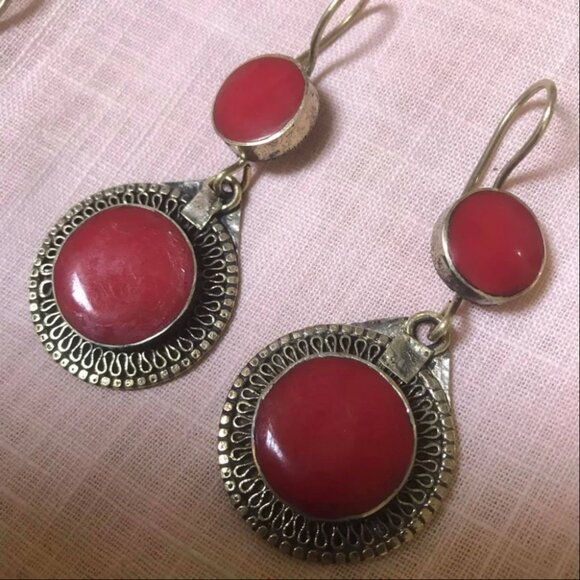 Jewelry - Handmade Tribal Stone Earrings: Antique Silver Filigree, Boho Jewelry